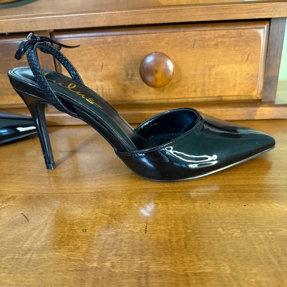 Lulu's Sagaa black patent Pointed toe sling back Heels 4 inches woman's 6.5
